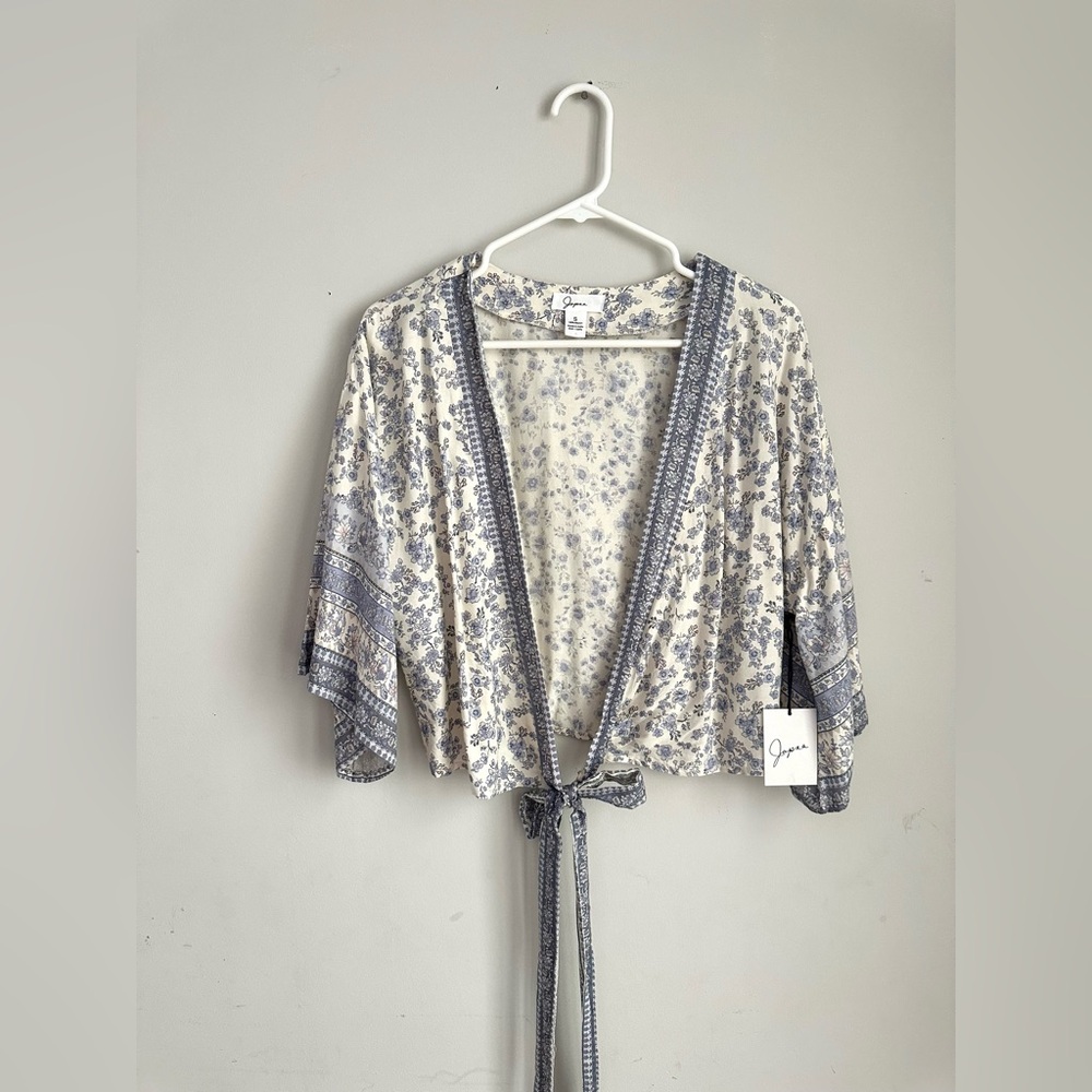 Japna Cream Floral Tie-Front Crop Top with Blue Blossoms. Cover up